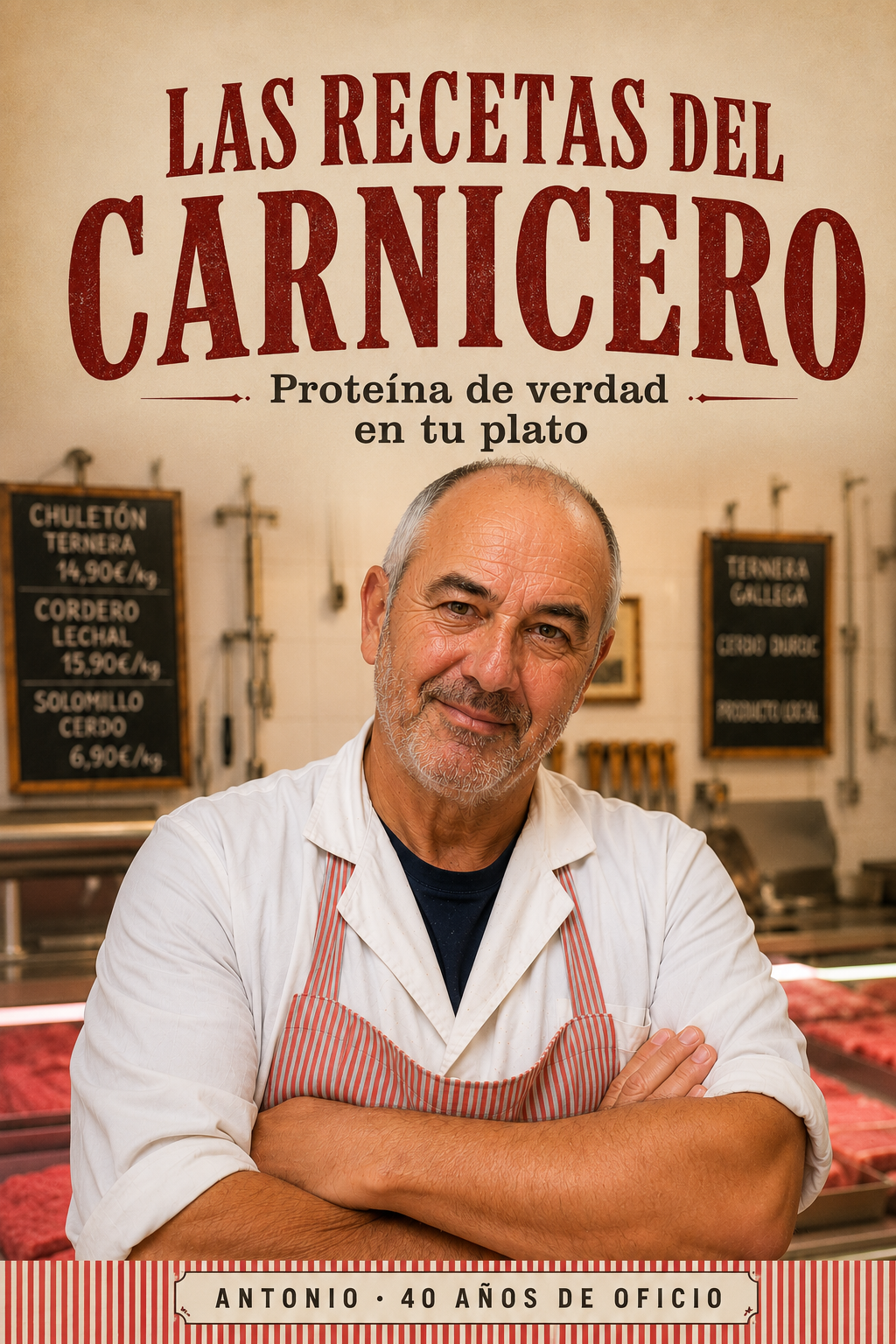 Cartel de Las Recetas del Carnicero con Antonio de brazos cruzados detrás del mostrador de su carnicería